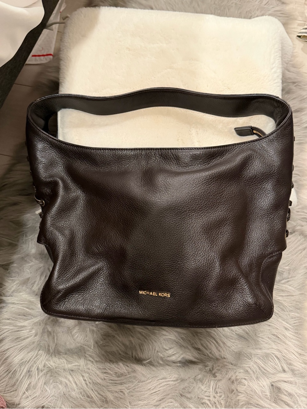 Michael Kors Dark black Pebbled Leather Hobo Bag with Gold Logo